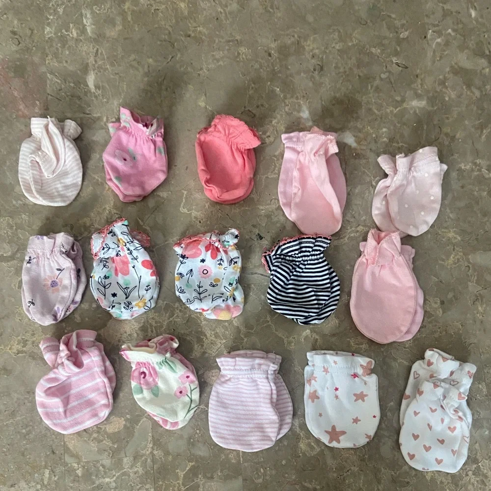 Assorted Pink Baby Mittens Set of 15
